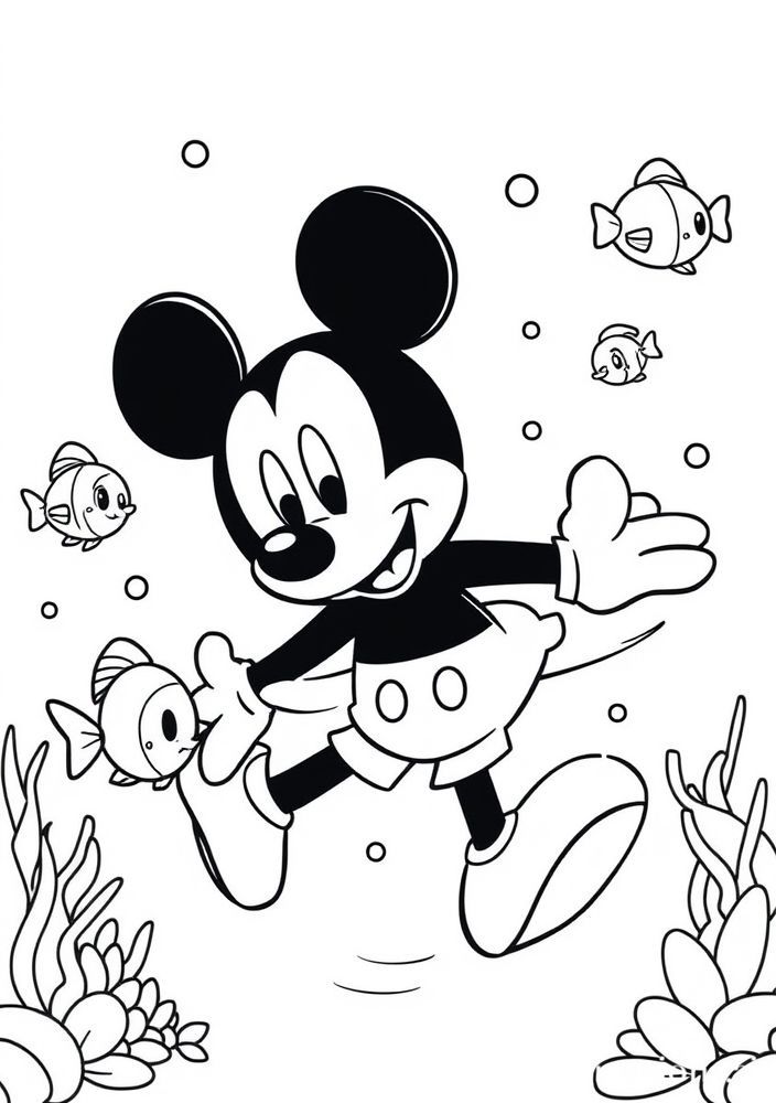 Desenho do Mickey Mouse nadando com peixes para colorir