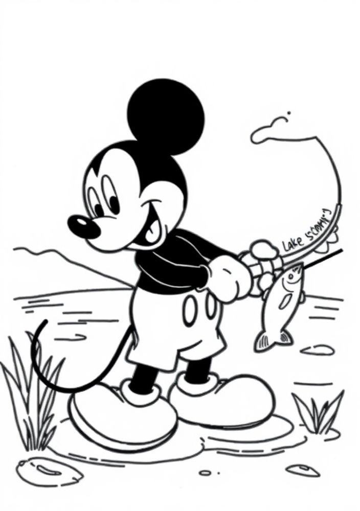 Desenho do Mickey Mouse pescando em um lago para colorir