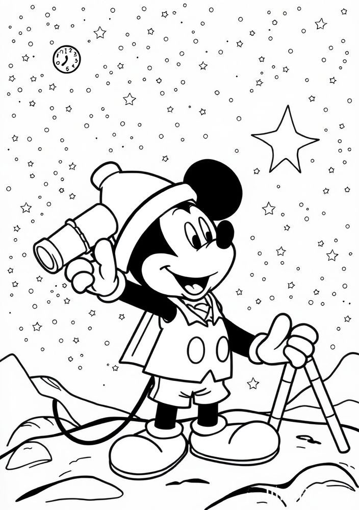 Desenho do Mickey astrônomo observando estrelas para colorir