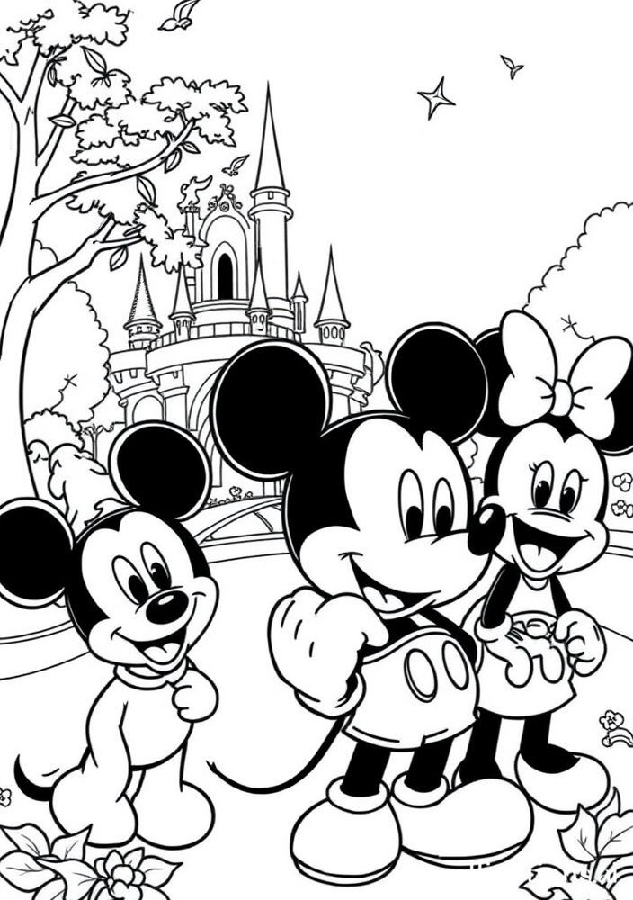 Desenho do Mickey com amigos no parque para colorir