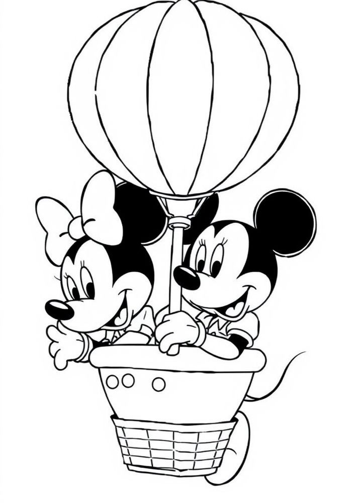 Desenho do Mickey e Minnie em um balão de ar quente para colorir