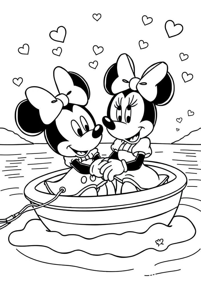 Desenho do Mickey e Minnie em um barco para colorir