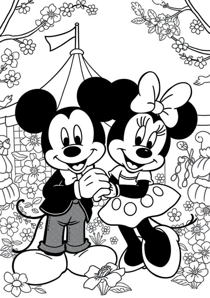 Desenho do Mickey e Minnie em um festival de primavera para colorir