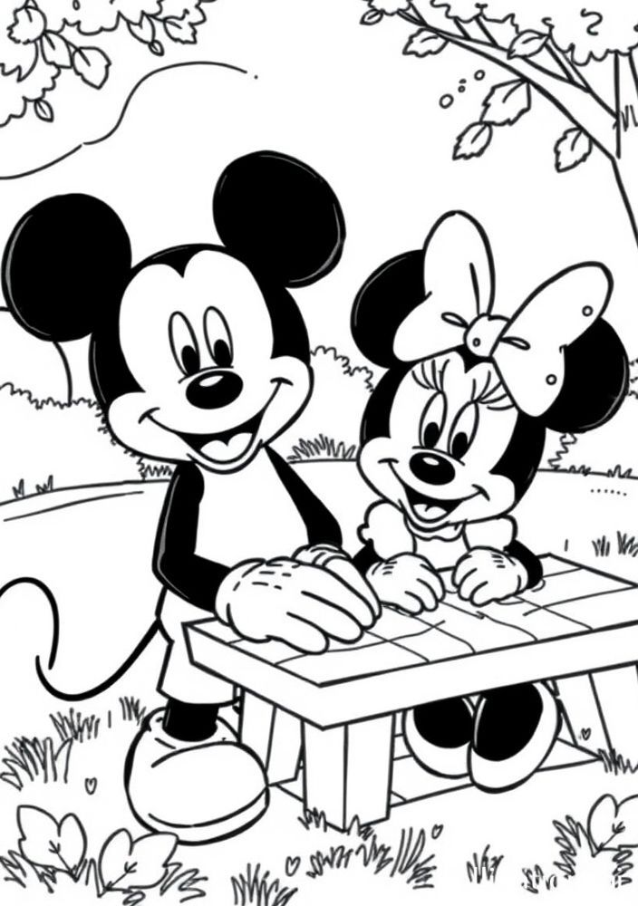 Desenho do Mickey e Minnie em um piquenique para colorir
