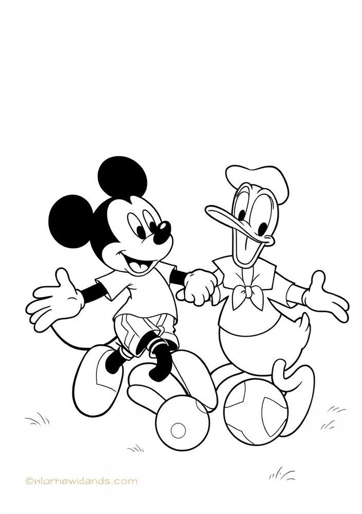 Desenho do Mickey e Pato Donald jogando futebol para colorir