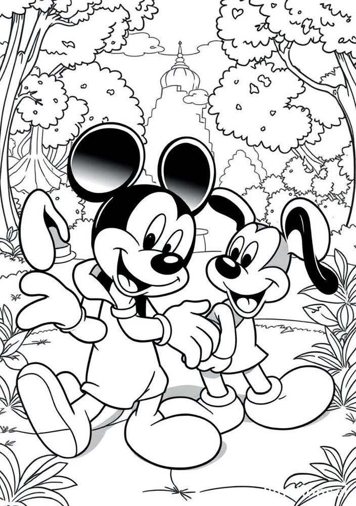 Desenho do Mickey e Pluto brincando no parque para colorir
