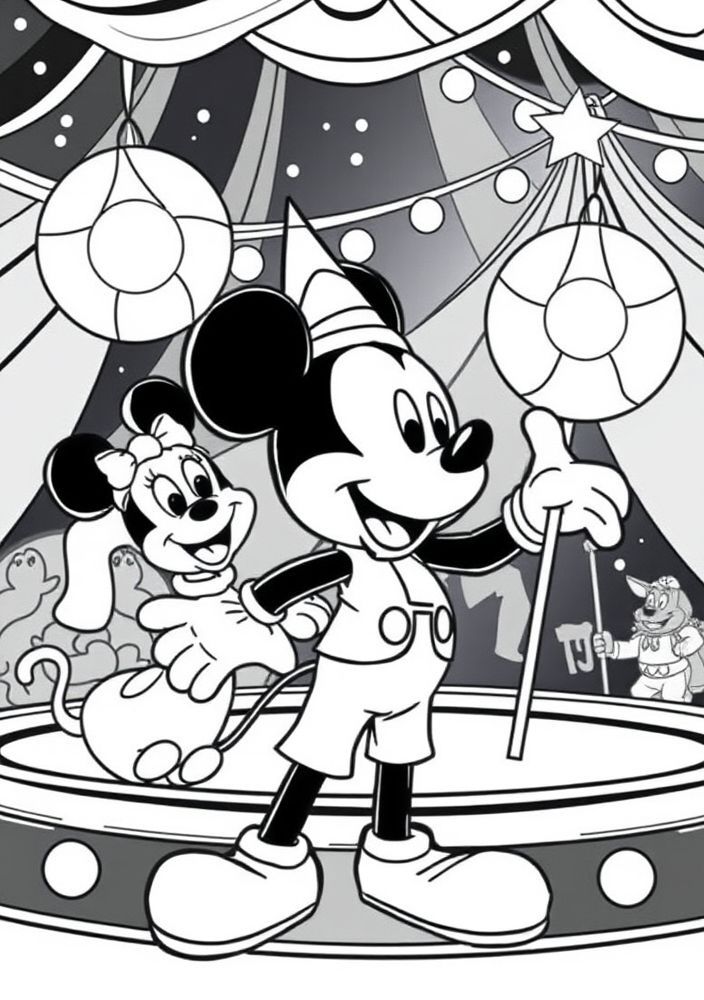 Desenho do Mickey e amigos fazendo um show de circo para colorir