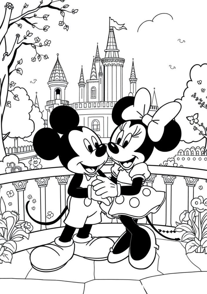 Desenho do Mickey e da Minnie no parque para colorir