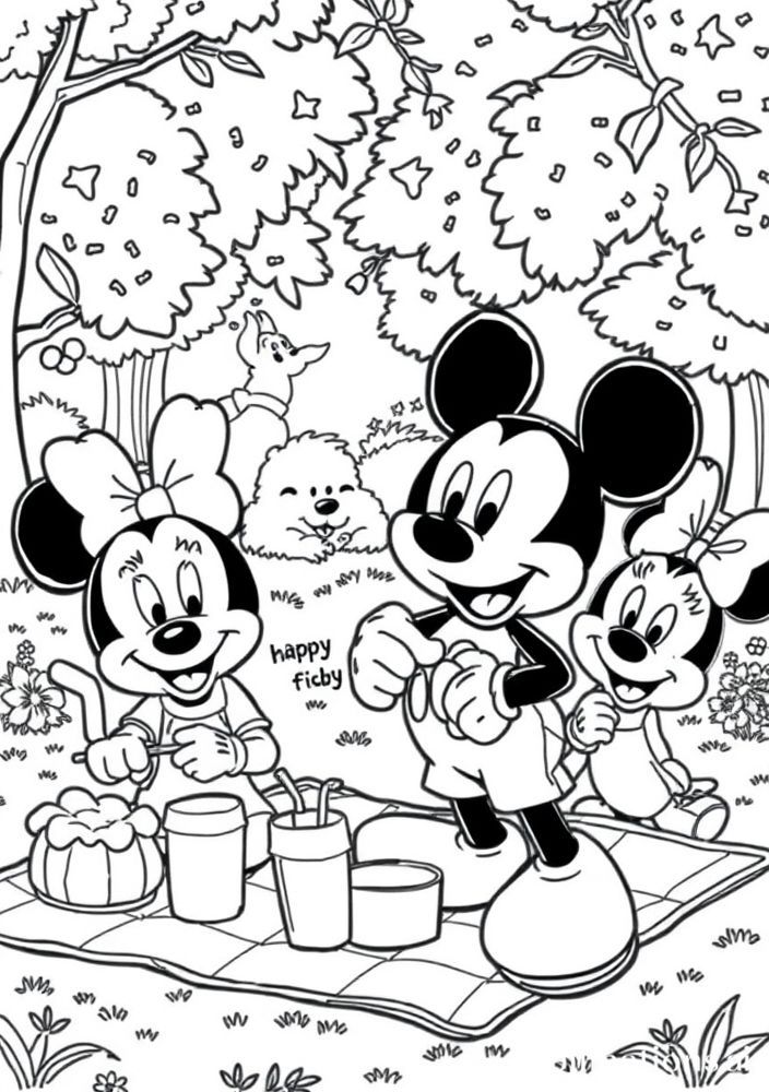 Desenho do Mickey e seus amigos fazendo um piquenique no parque para colorir