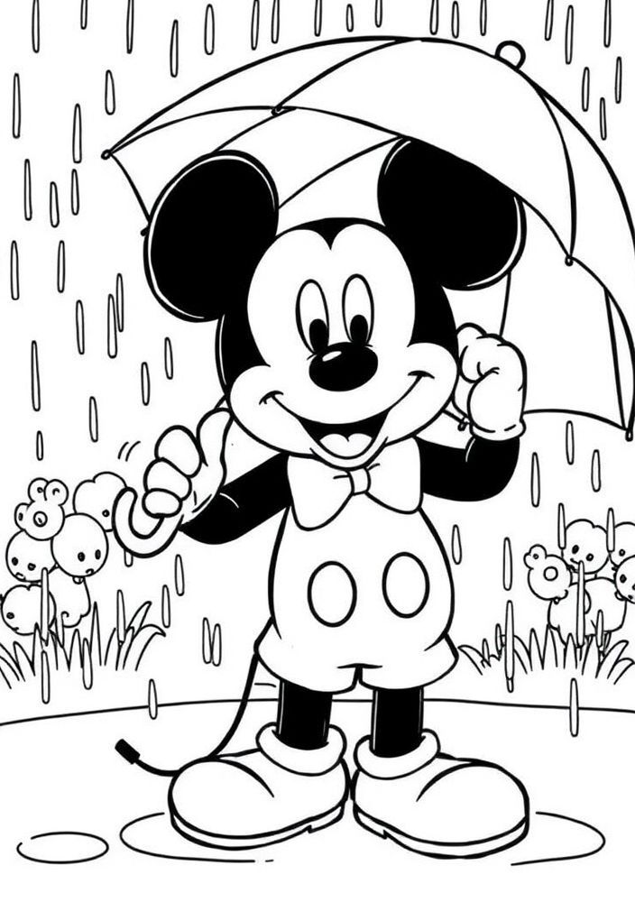 Desenho do Mickey em um dia de chuva com guarda-chuva para colorir