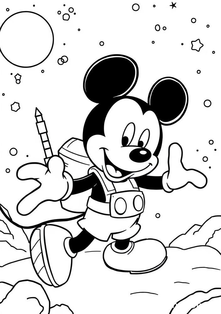 Desenho do Mickey em uma aventura no espaço para colorir