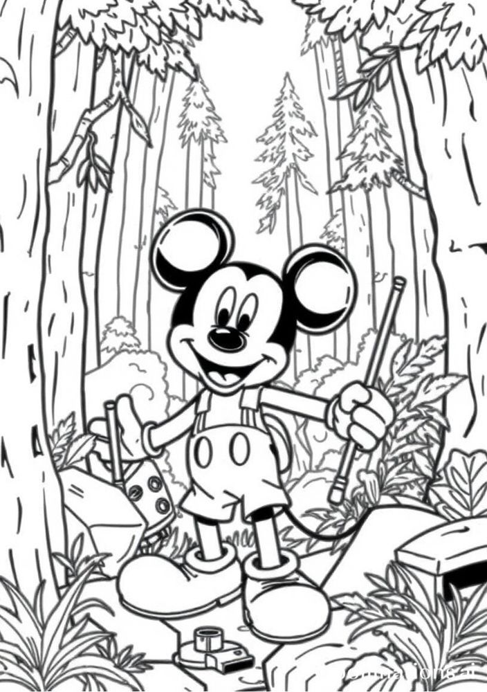 Desenho do Mickey em uma exploração na floresta para colorir
