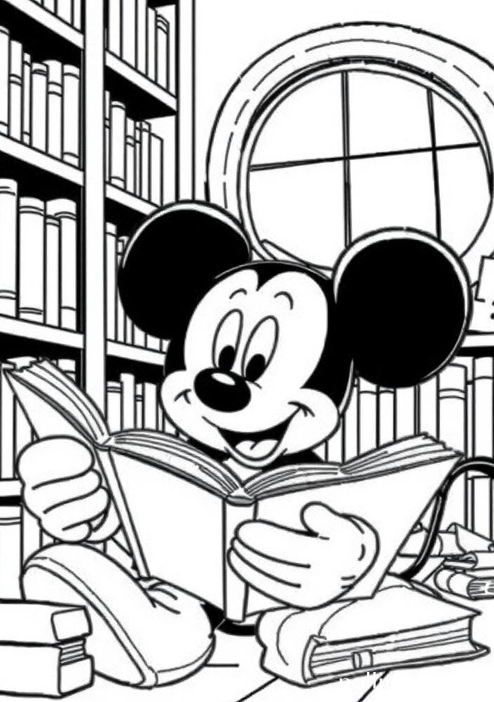 Desenho do Mickey lendo um livro na biblioteca para colorir