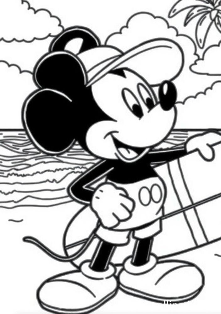 Desenho do Mickey na praia com surfboard para colorir