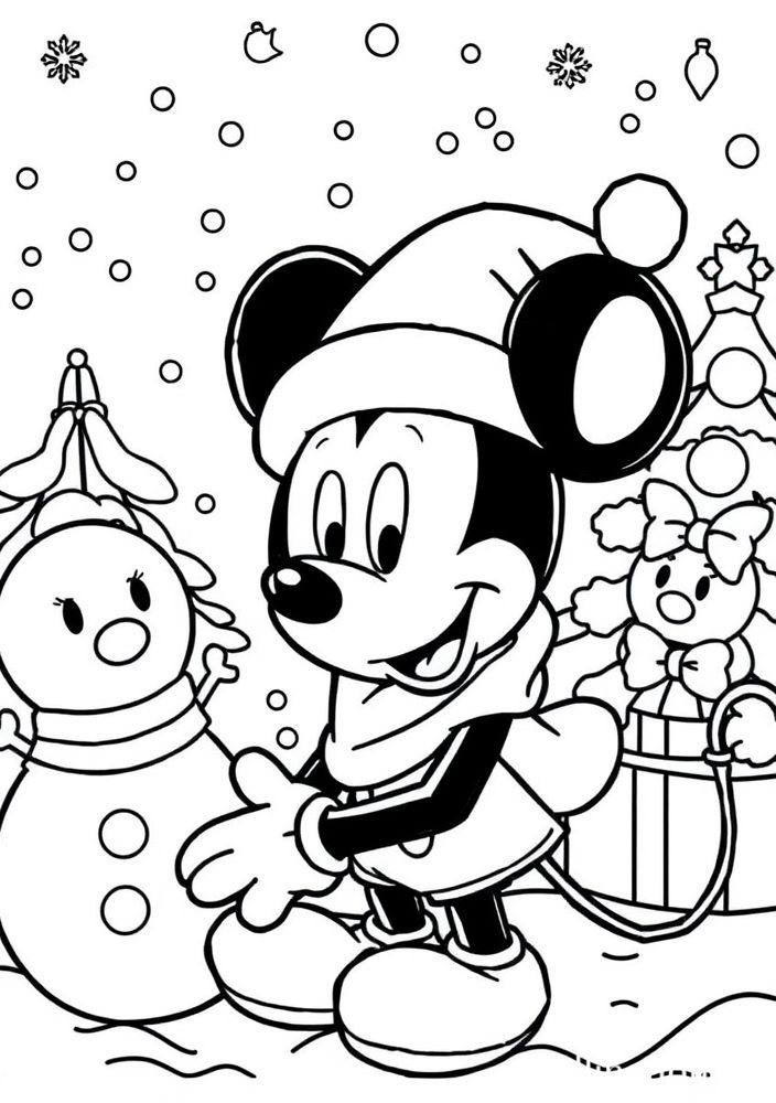 Desenho do Mickey no Natal com bonecos de neve para colorir