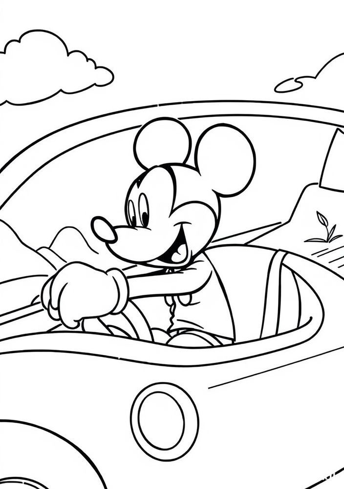 Desenho do Mickey pilotando um carro para colorir