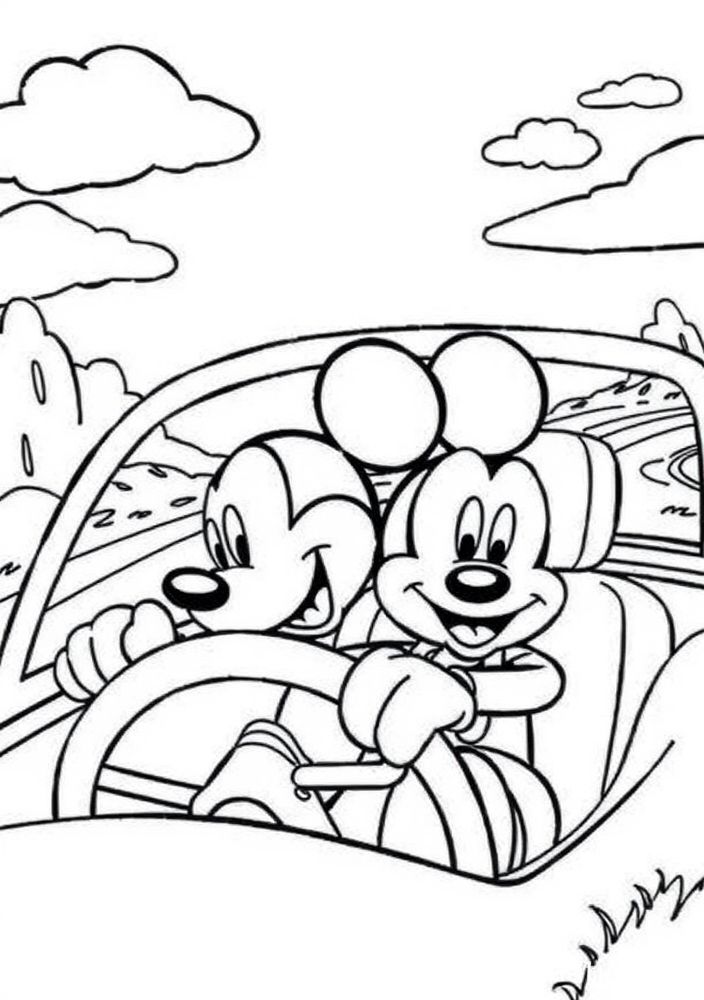 Desenho do Mickey pilotando um carro para colorir