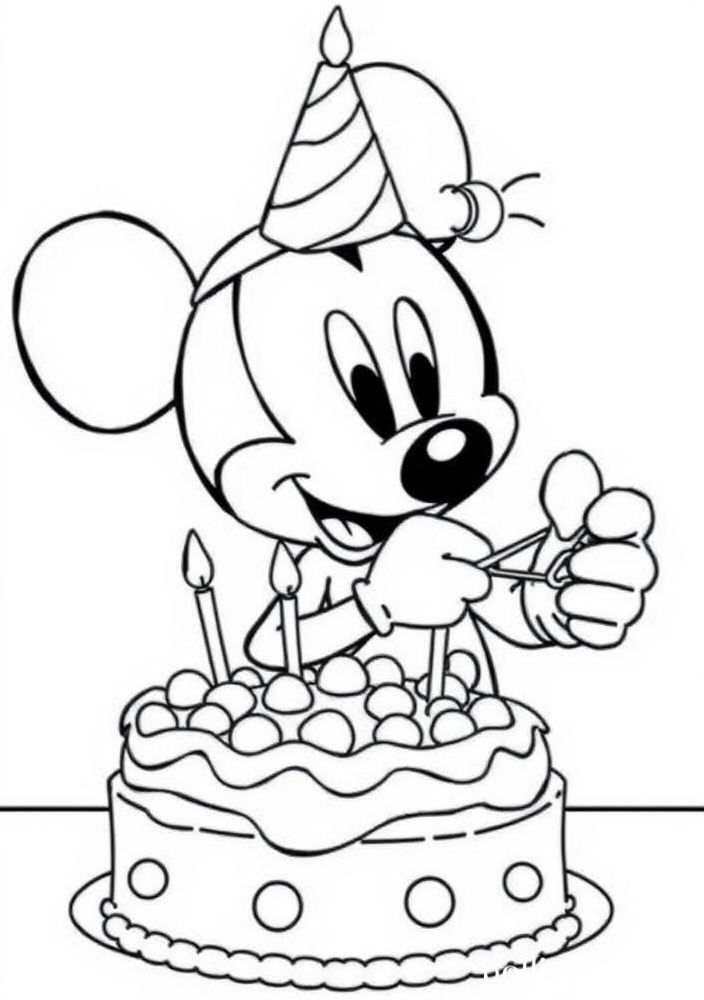 Desenho do Mickey preparando um bolo de aniversário para colorir