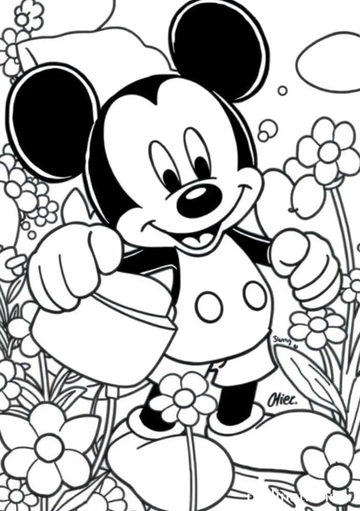 Desenho do Mickey regando flores no jardim para colorir