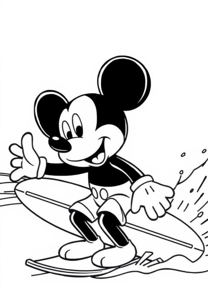 Desenho do Mickey surfando na praia para colorir