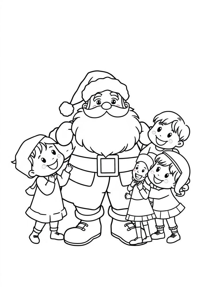 Desenho do Papai Noel cercado de crianças para colorir