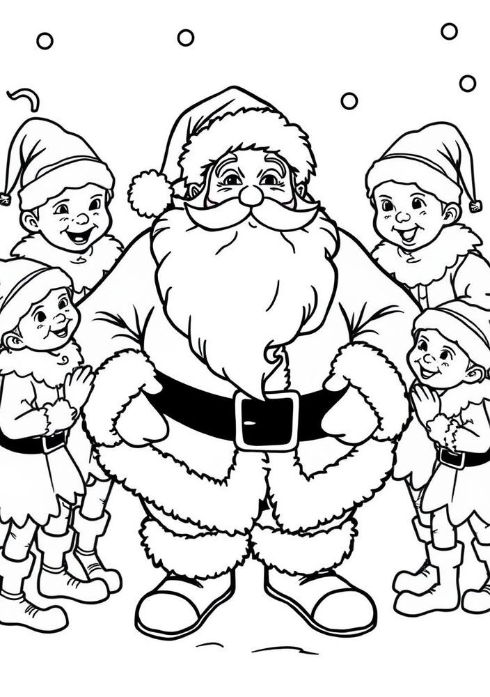 Desenho do Papai Noel cercado de elfos para colorir