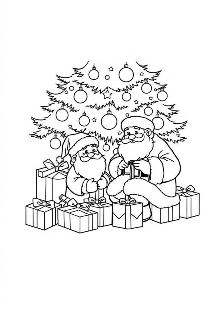 Desenho do Papai Noel colocando presentes na árvore de Natal para colorir