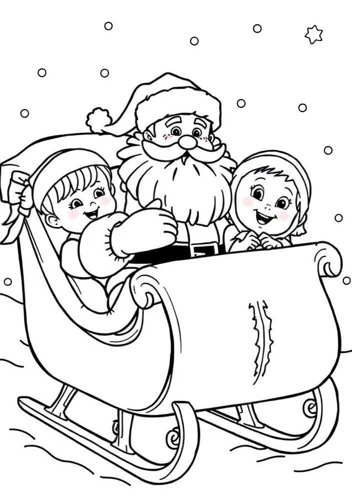Desenho do Papai Noel com as crianças no trenó para colorir