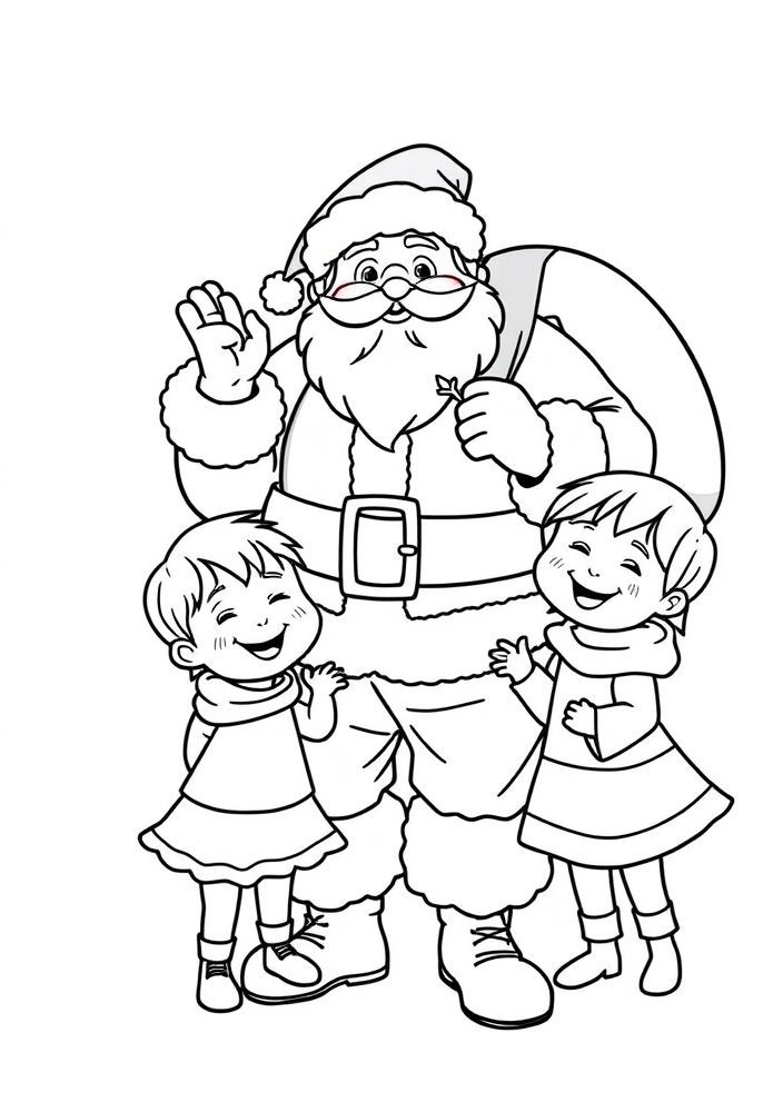 Desenho do Papai Noel com crianças para colorir