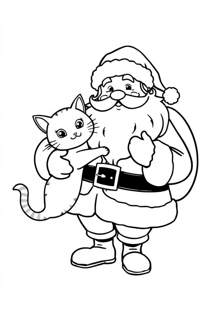 Desenho do Papai Noel com um gato para colorir