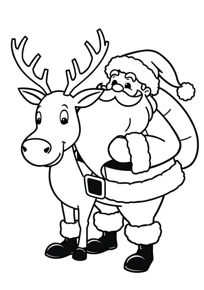 Desenho do Papai Noel com uma rena para colorir