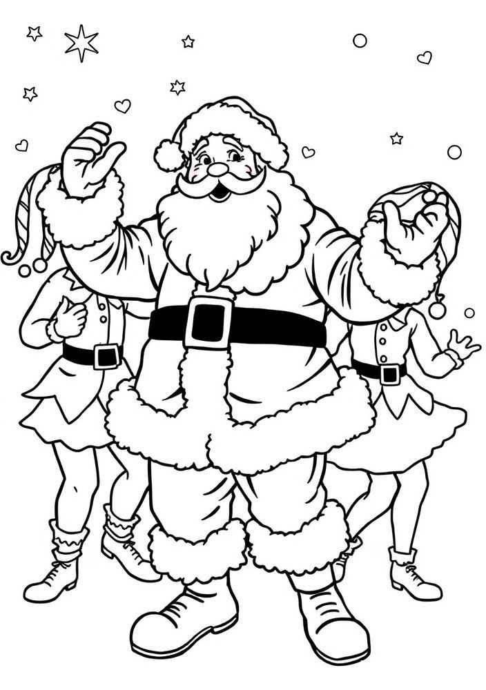 Desenho do Papai Noel dançando com elfos para colorir