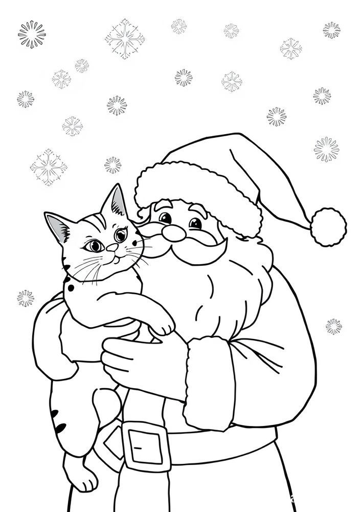 Desenho do Papai Noel e um gato de Natal para colorir