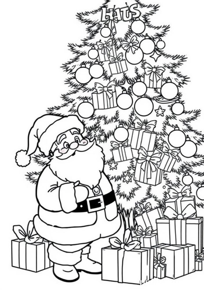 Desenho do Papai Noel e uma árvore de Natal cheia de presentes para colorir