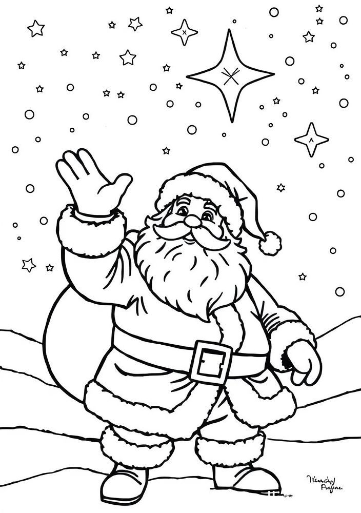 Desenho do Papai Noel em um céu estrelado para colorir