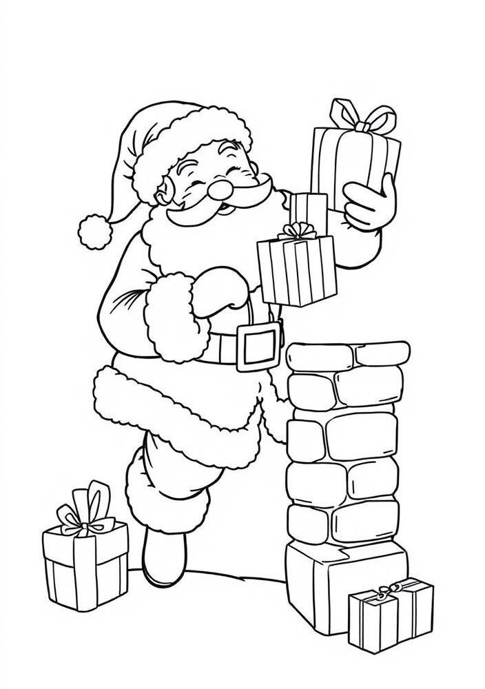 Desenho do Papai Noel entregando presentes pela chaminé para colorir