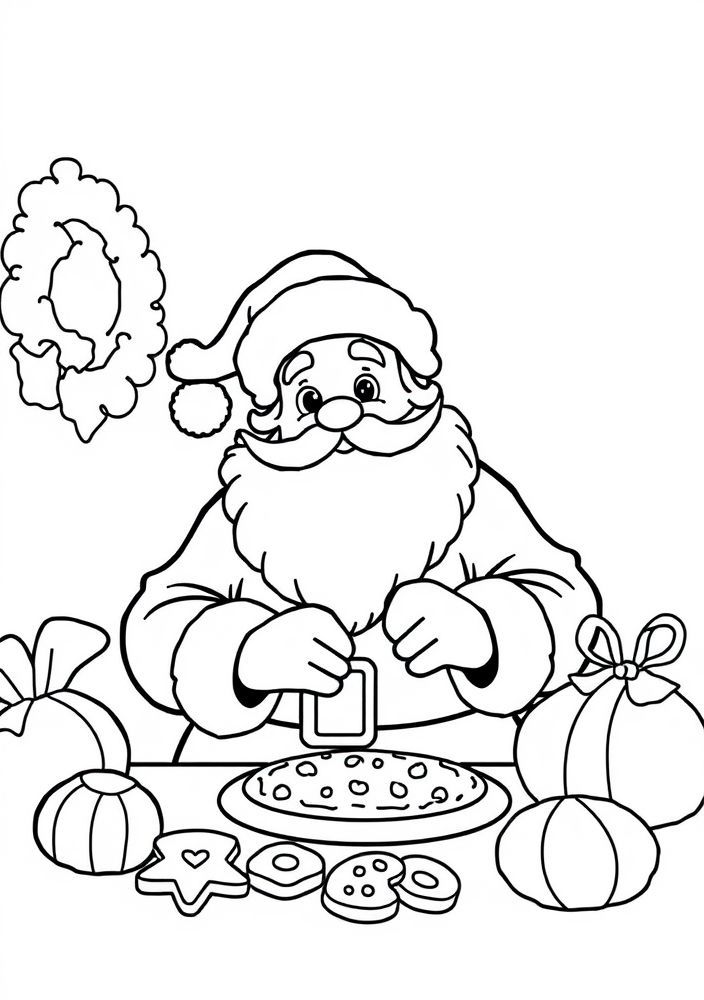 Desenho do Papai Noel fazendo biscoitos para colorir