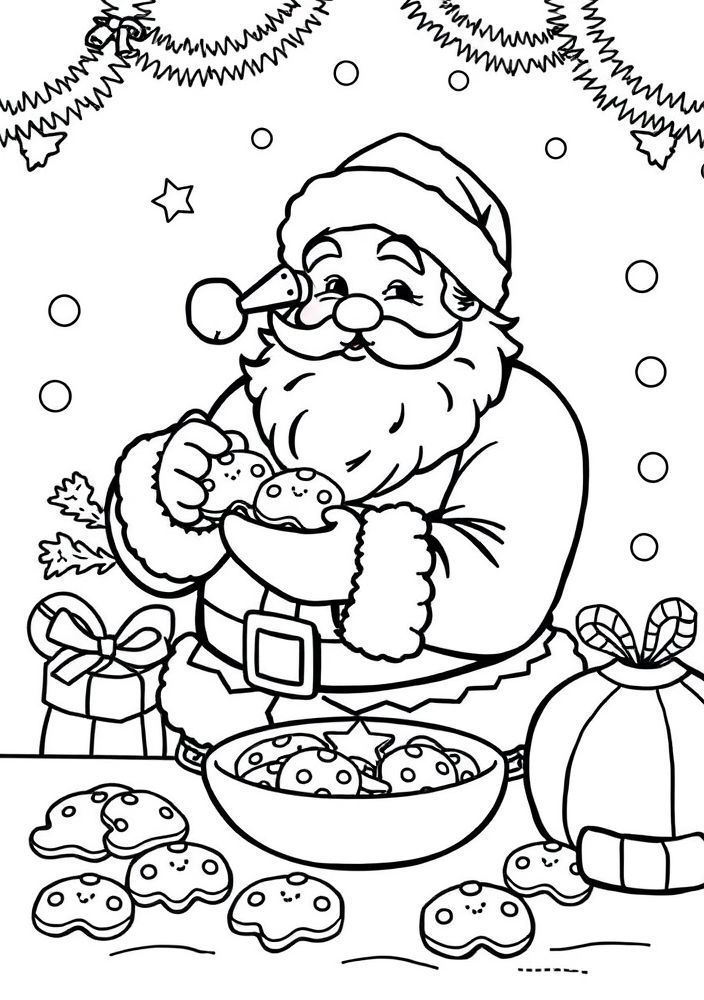 Desenho do Papai Noel fazendo biscoitos para colorir