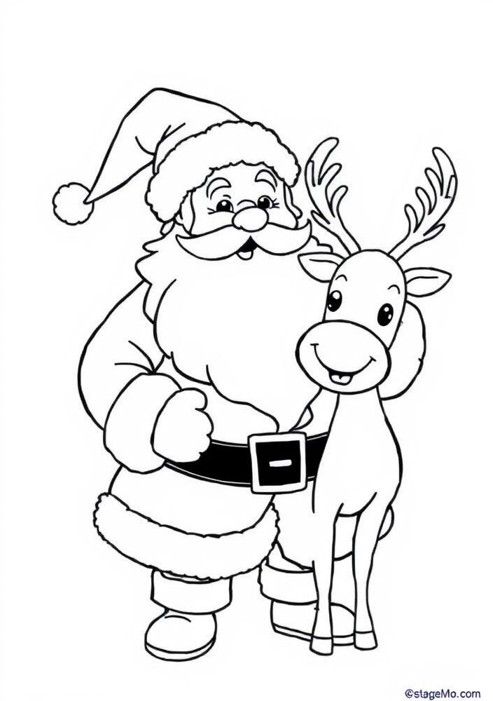 Desenho do Papai Noel feliz com renas para colorir