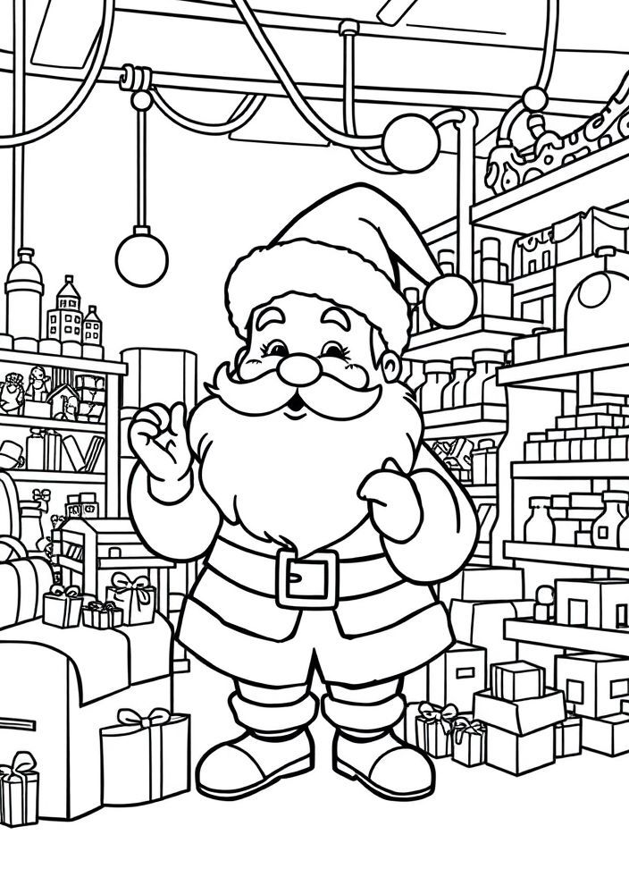 Desenho do Papai Noel na fábrica de brinquedos para colorir
