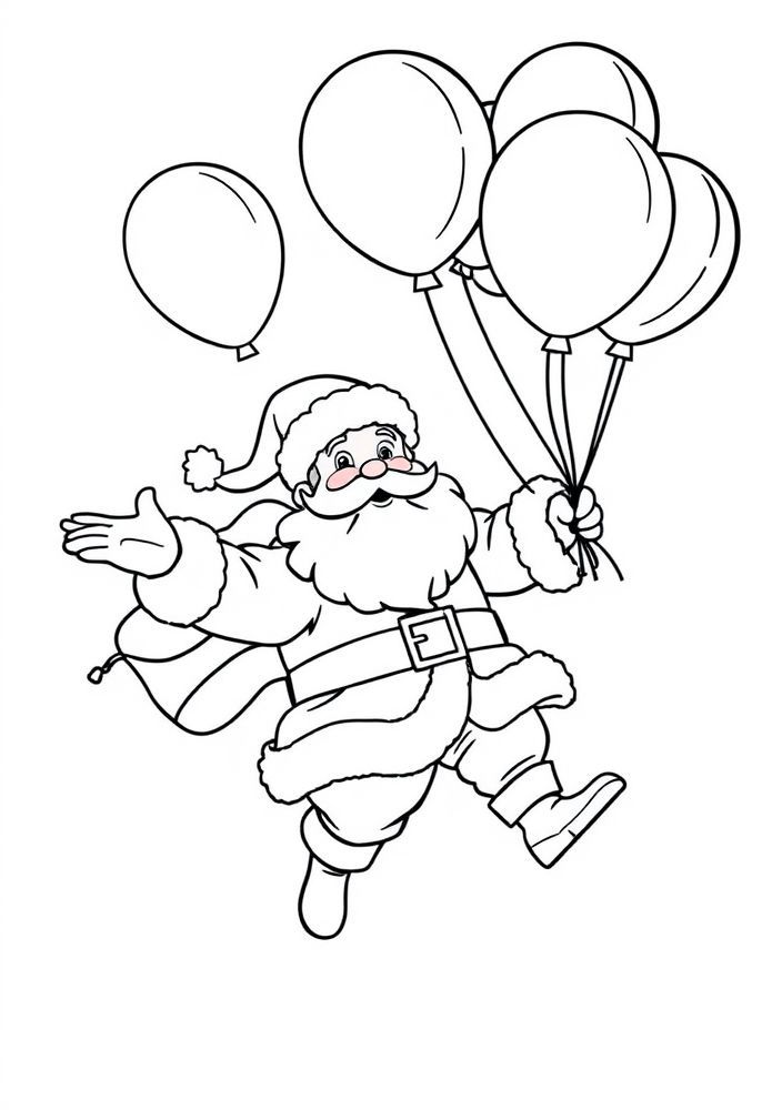 Desenho do Papai Noel voando com balões de Natal para colorir