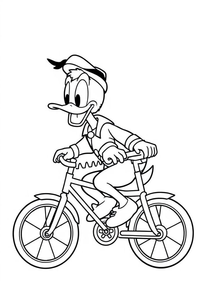 Desenho do Pato Donald andando de bicicleta para colorir