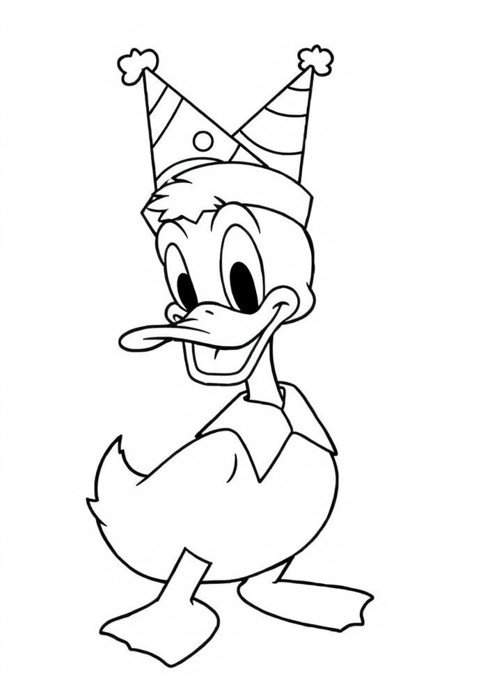 Desenho do Pato Donald com chapéu de festa para colorir