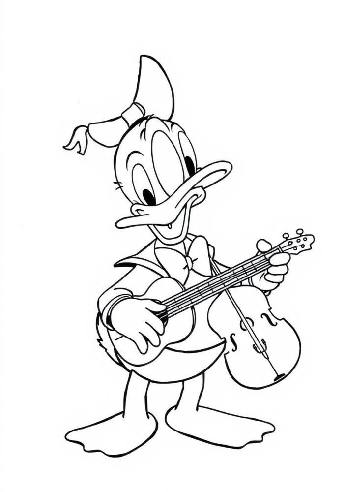 Desenho do Pato Donald com instrumentos musicais para colorir