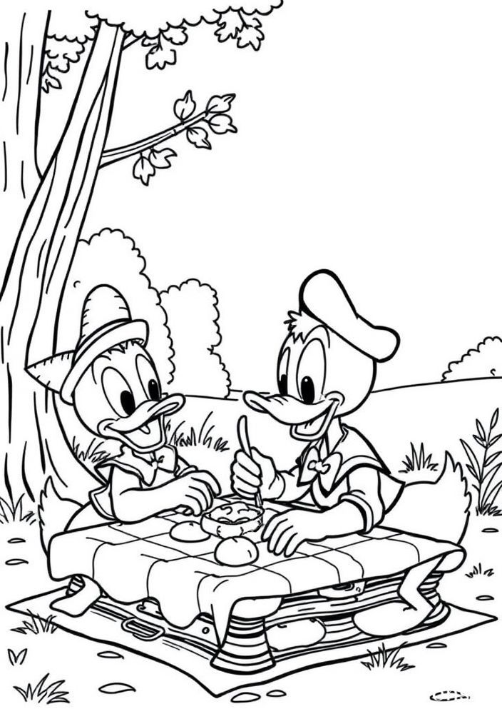 Desenho do Pato Donald e amigos fazendo um piquenique para colorir
