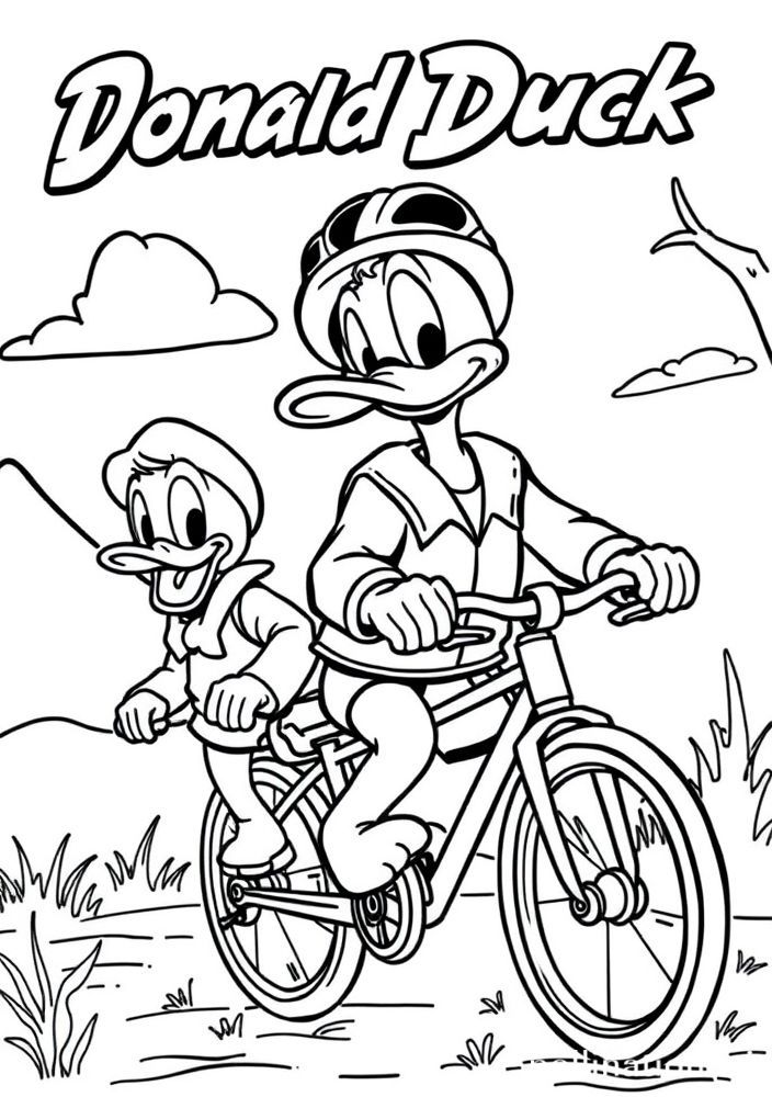 Desenho do Pato Donald e os sobrinhos em uma aventura de bicicleta para colorir