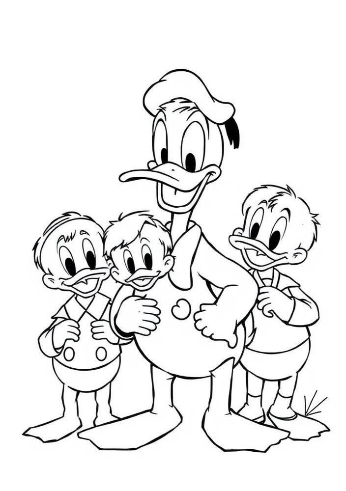 Desenho do Pato Donald e seus sobrinhos (Huguinho, Zezinho e Luisinho) para colorir
