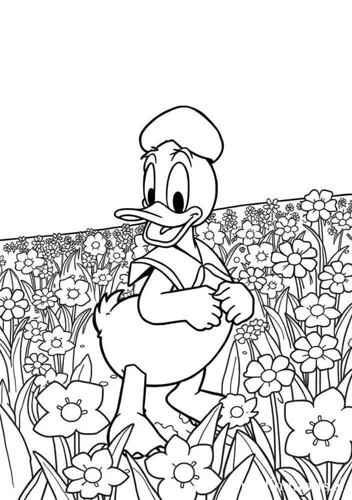 Desenho do Pato Donald em um campo florido para colorir