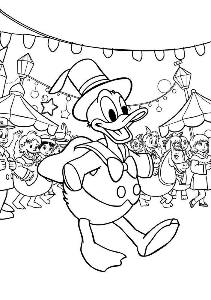 Desenho do Pato Donald em um desfile de carnaval para colorir