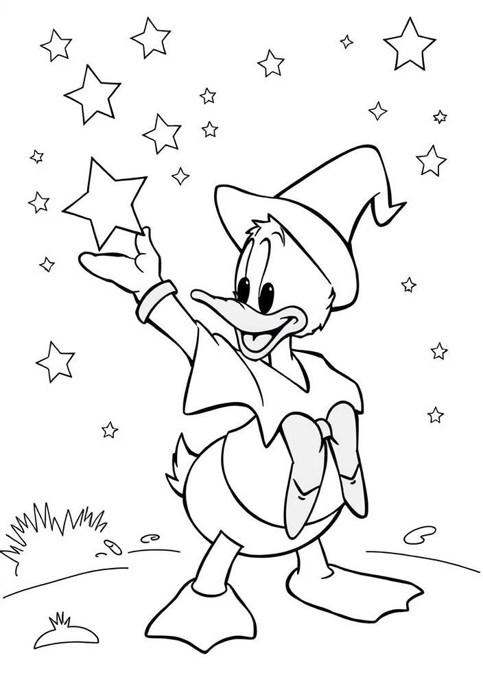 Desenho do Pato Donald encantado por estrelas para colorir